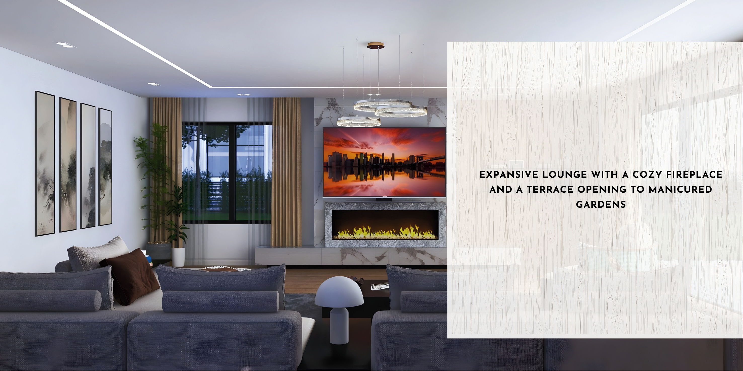 Lounge with fireplace render