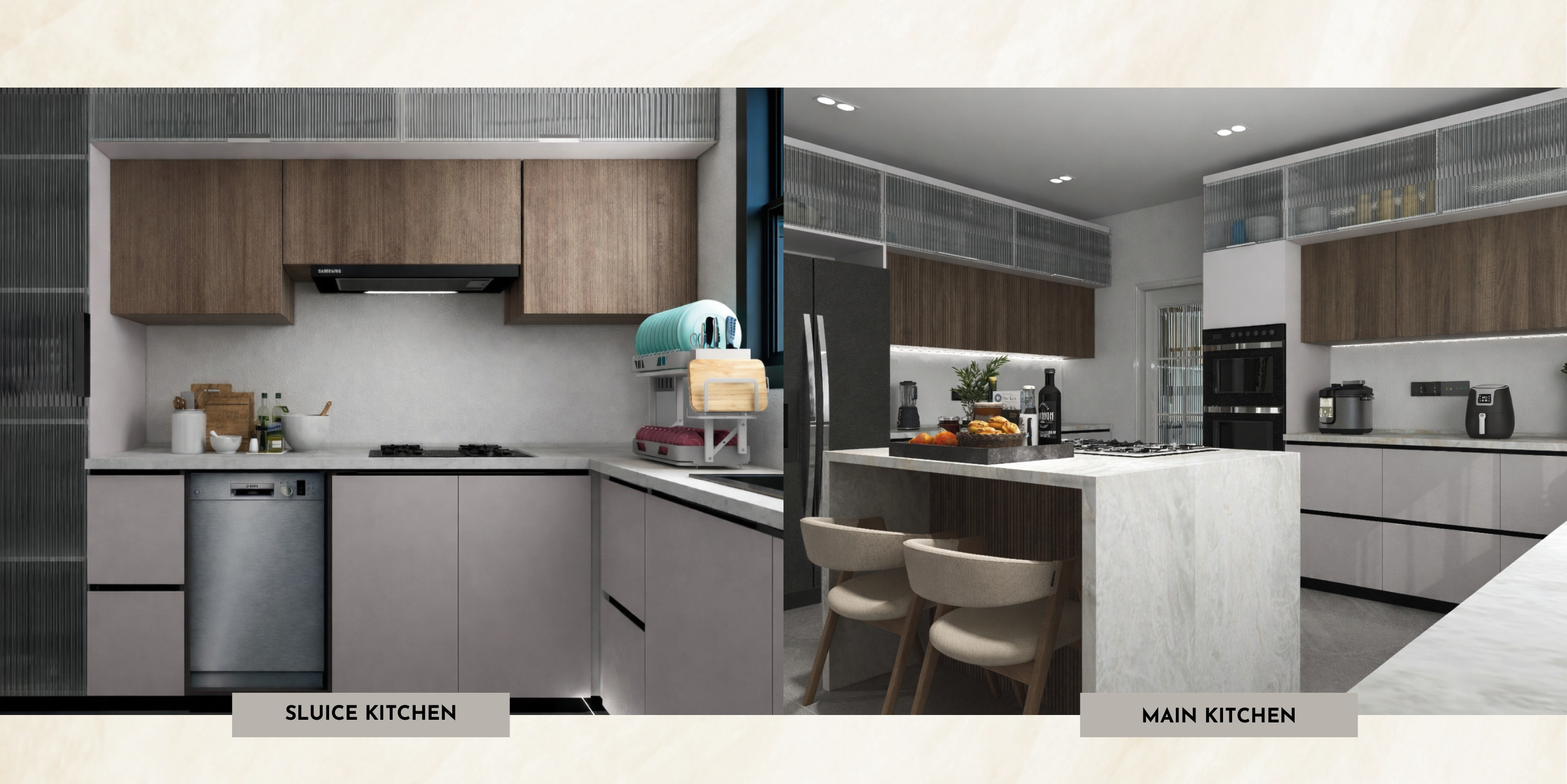 Sluice kitchen and main kitchen views